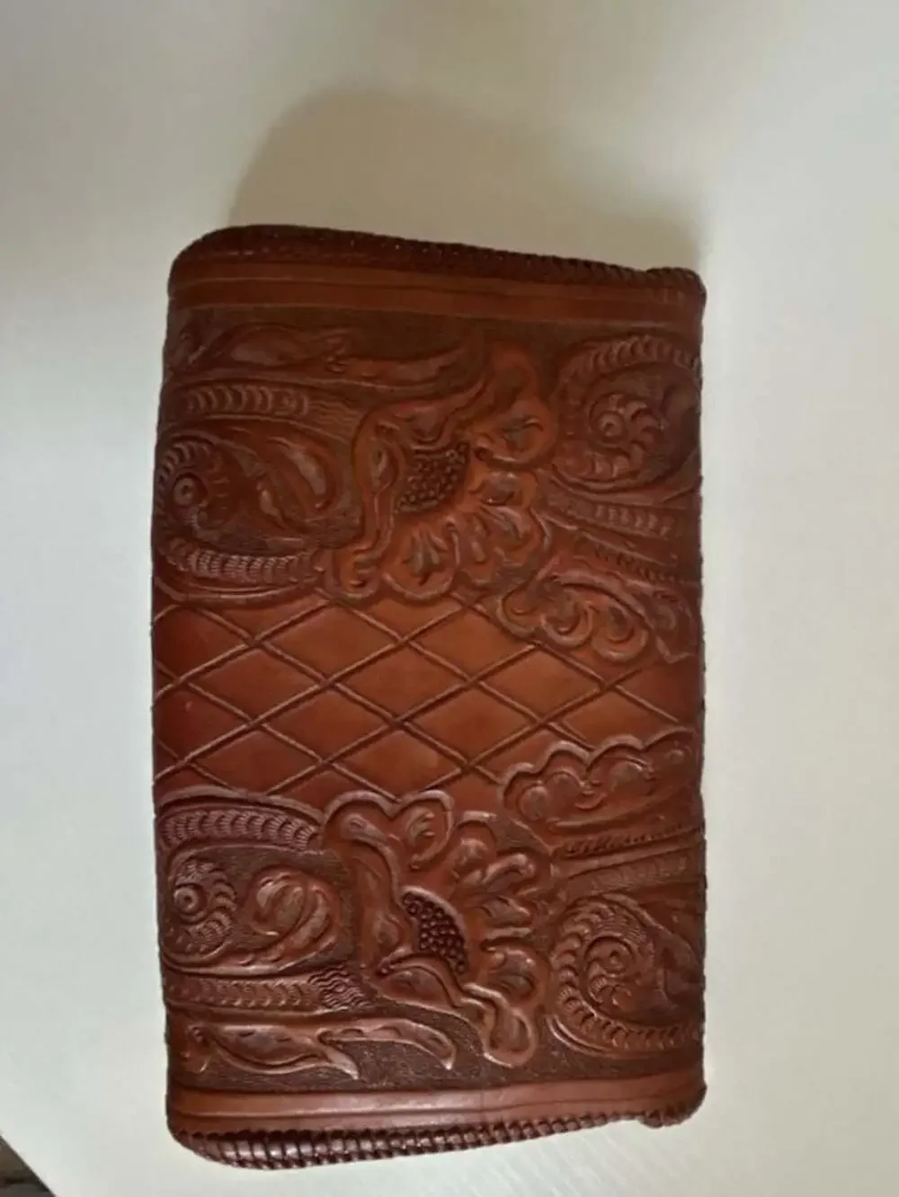 Vintage Hand-Tooled Floral Leather Clutch Purse with Turn-Lock Closure